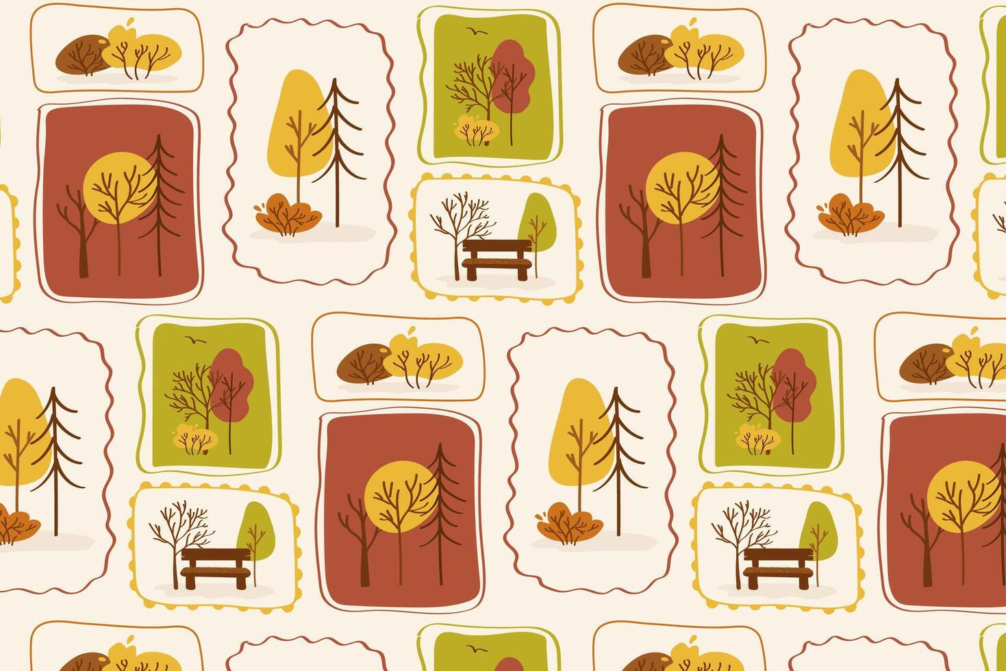 Colorful nature pattern with trees and benches vector