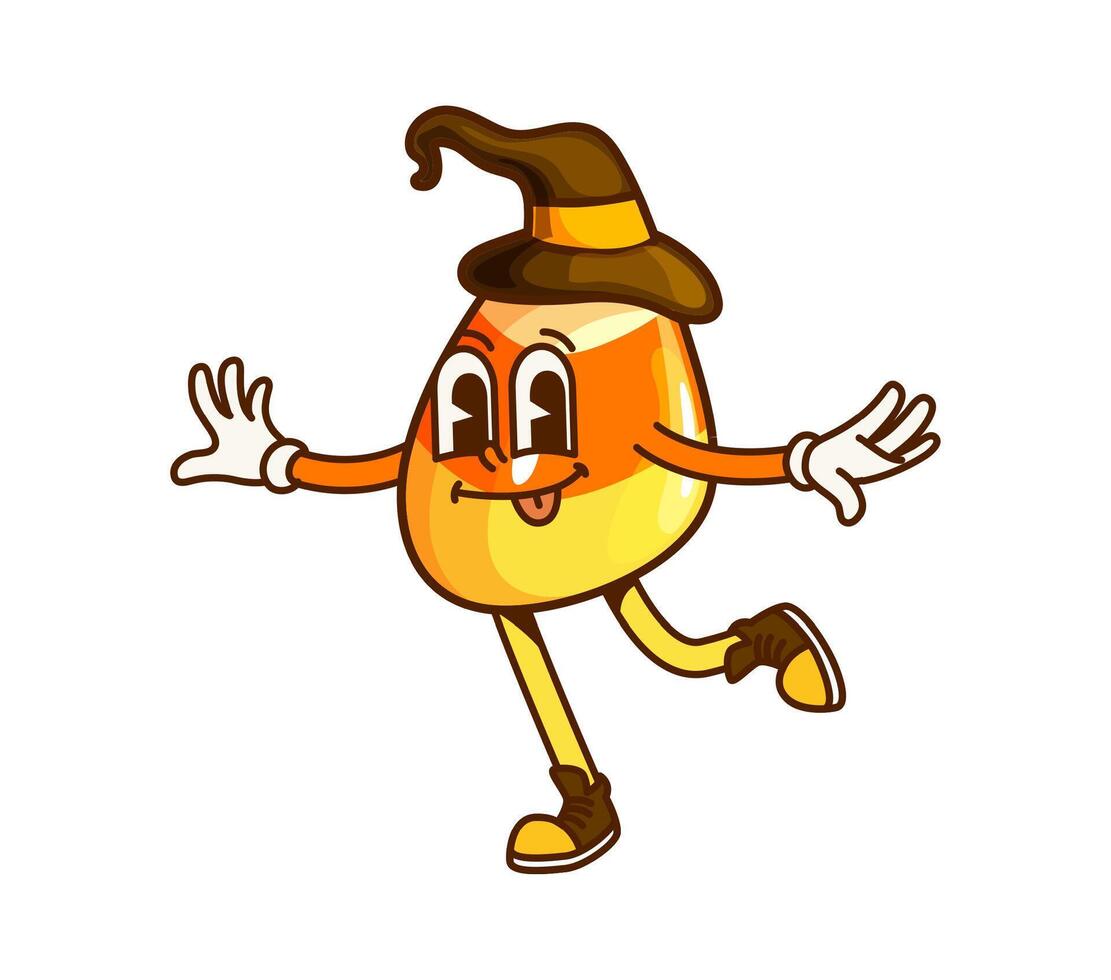 Cartoon groovy Halloween candy corn in witch hat vector