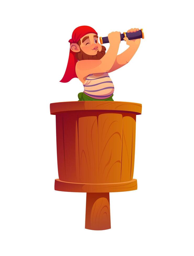 Cartoon pirate ship crew in wooden crow nest vector