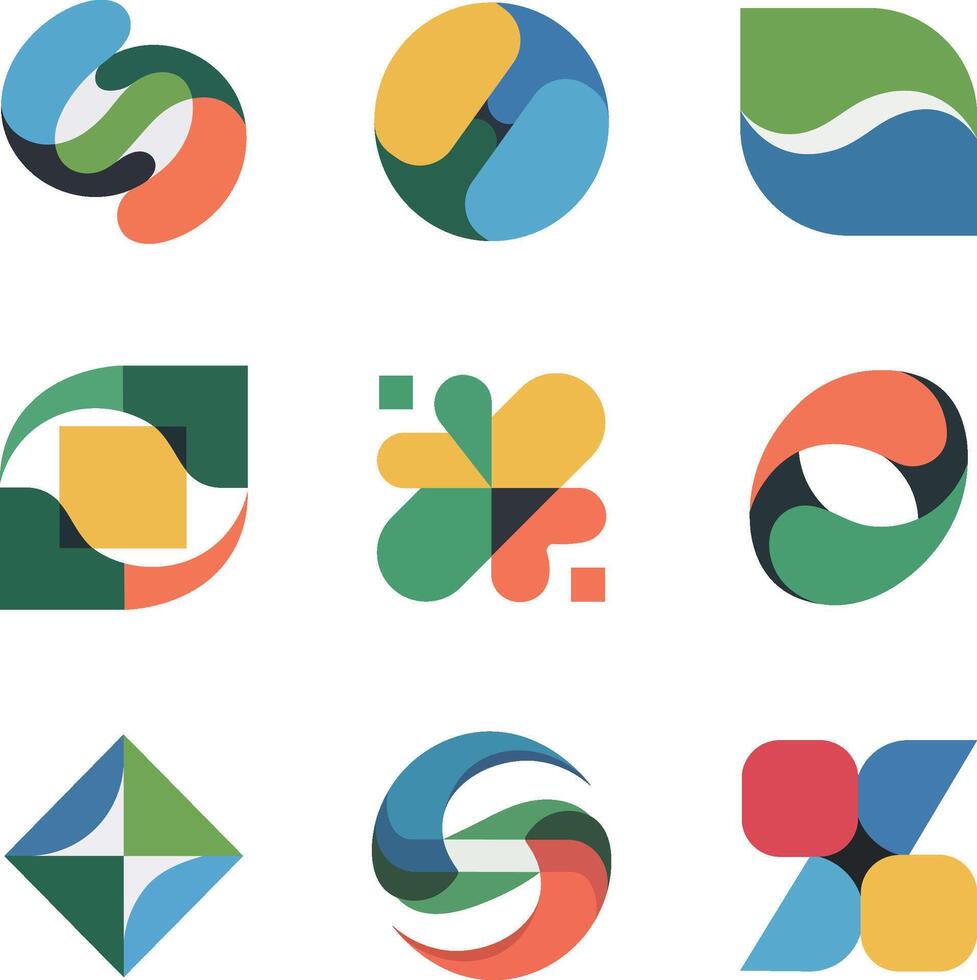 Nine modern abstract geometric logo designs featuring overlapping shapes in vibrant and appealing colors vector