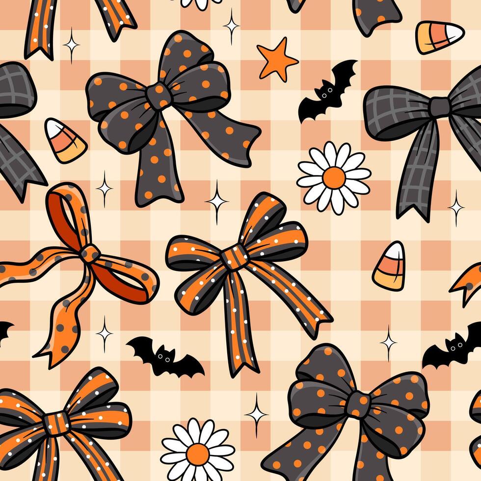 Halloween bow pattern with bats and candy vector
