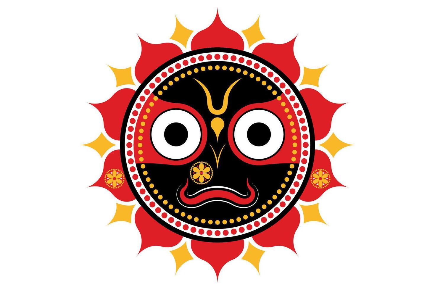 Lord Jagannath, Hindu supreme god of the Universe, sun motif. Rathyatra Festival, Jagannatha idol Perfect for spiritual, cultural or devotional artwork and decor Indian traditions, isolated vector