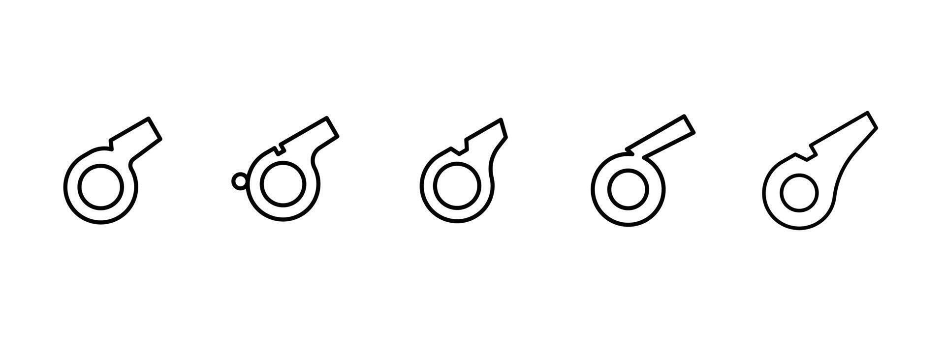 Whistle icon set. Soccer or football match referee whistle icon. A whistle to attract attention. A tool of the referee or coach. The countdown begins. Illustration. vector