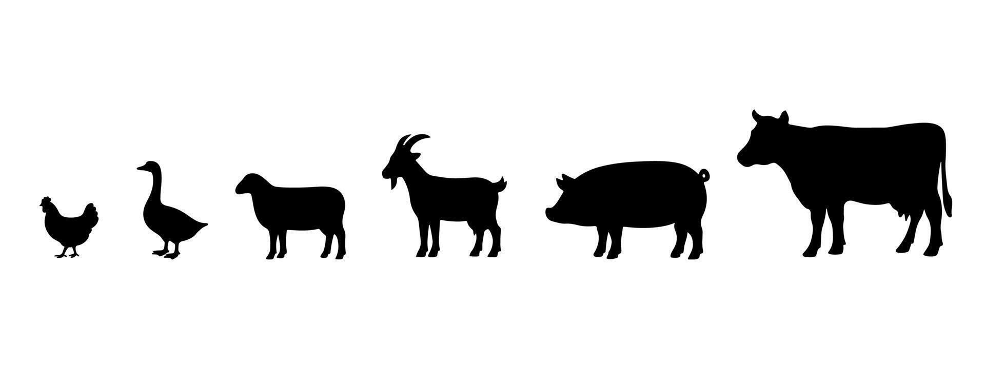 Livestock icons set. Animals in farm. Pig, goat, chicken, duck, cow, sheep silhouette. illustration. vector
