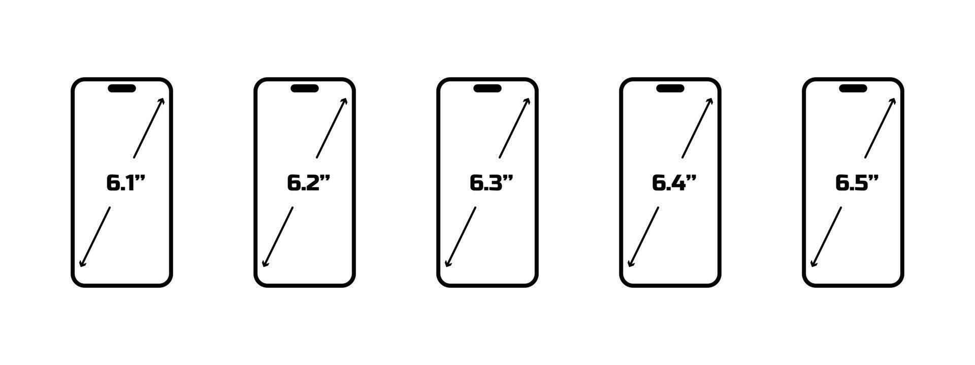 Phone diagonal screen size icon set. 6.1, 6.2, 6.3, 6.4, 6,5 inch screen size. illustration. vector