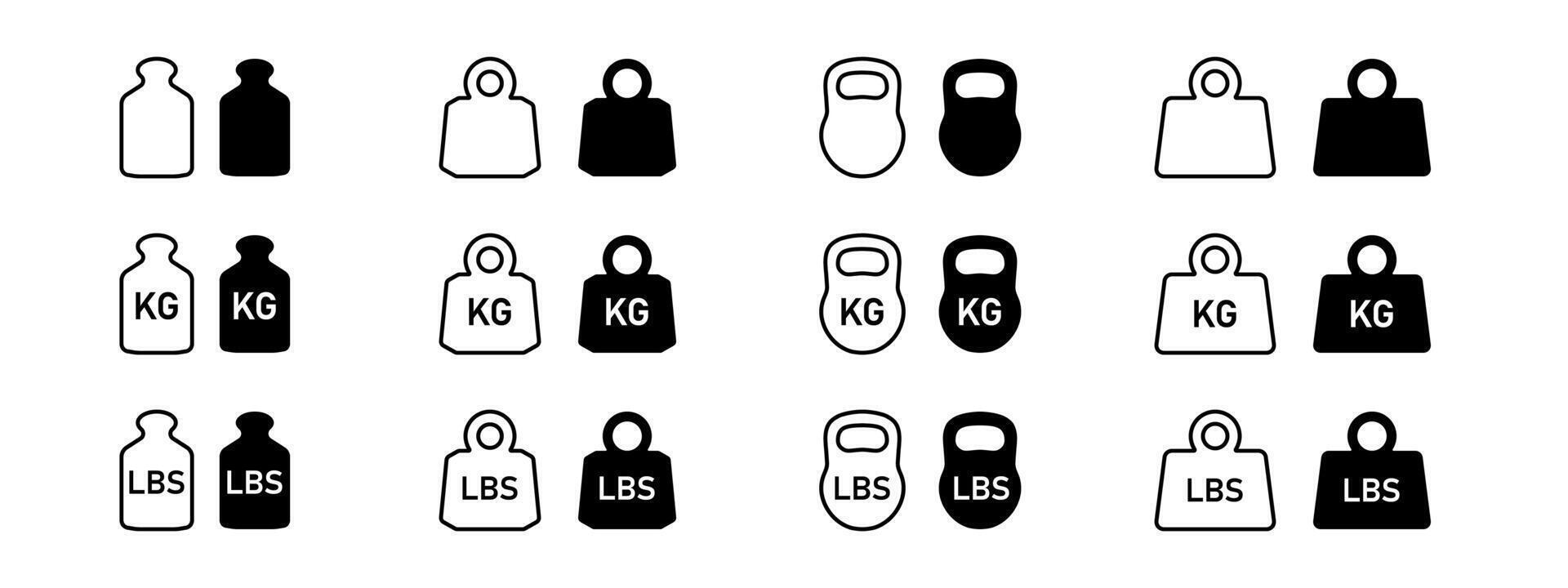 Weight icon set. Kilogram weight icon. Dumbbell weight sign. Kettlebell symbol. illustration. vector