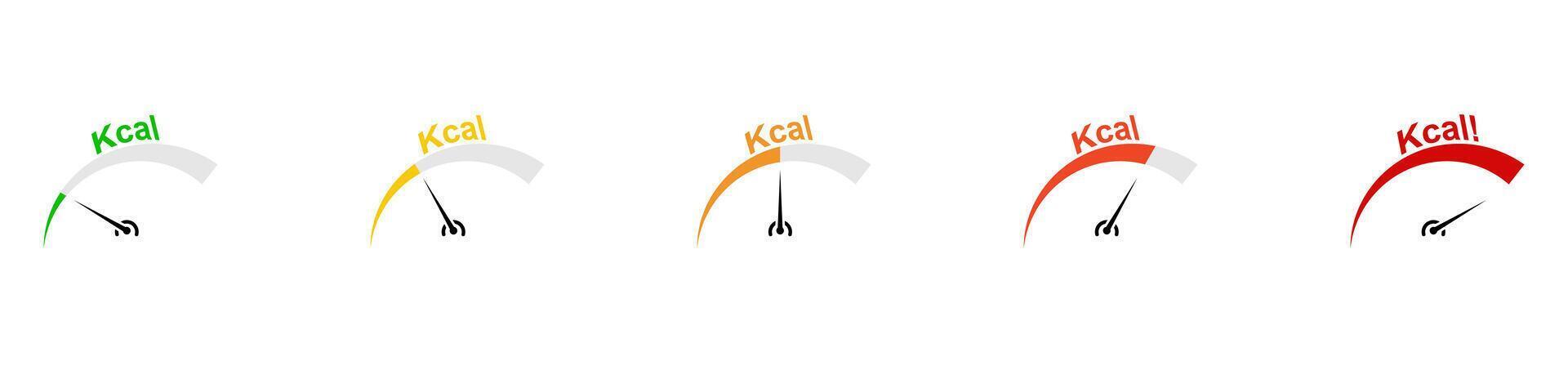 Kcal meter icon set. Kilocalories tracker. Kilocalorie consumption indicator. Weight loss or gain scale. illustration. vector