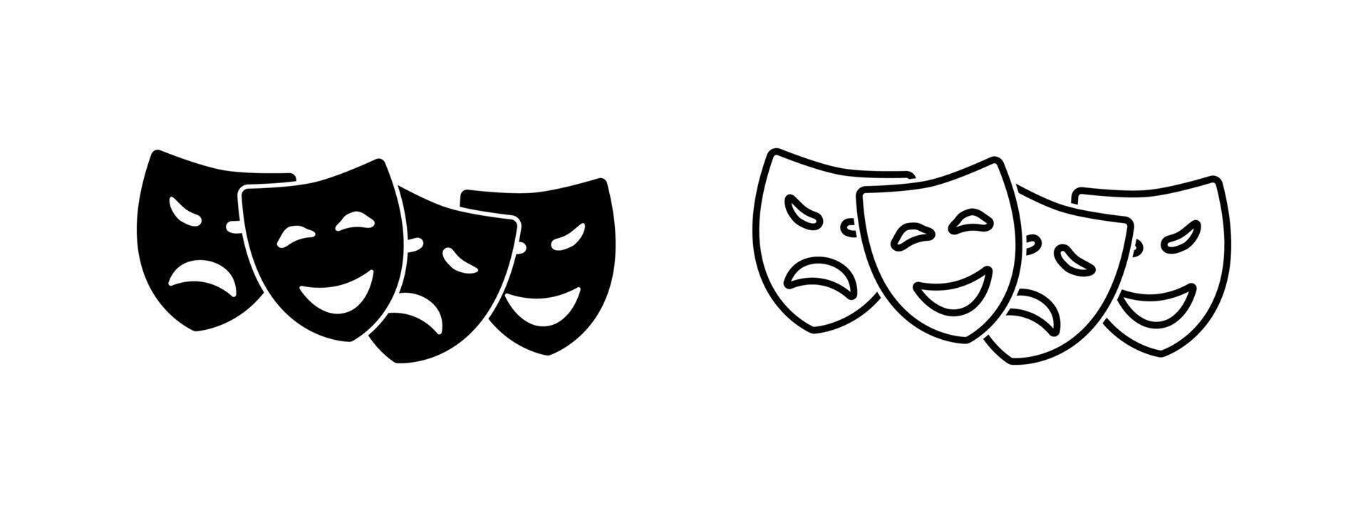 Theater mask icon set. Angry, happy, sad, ominous. Masquerade mask. Comedy and tragedy mask symbols. illustration. vector