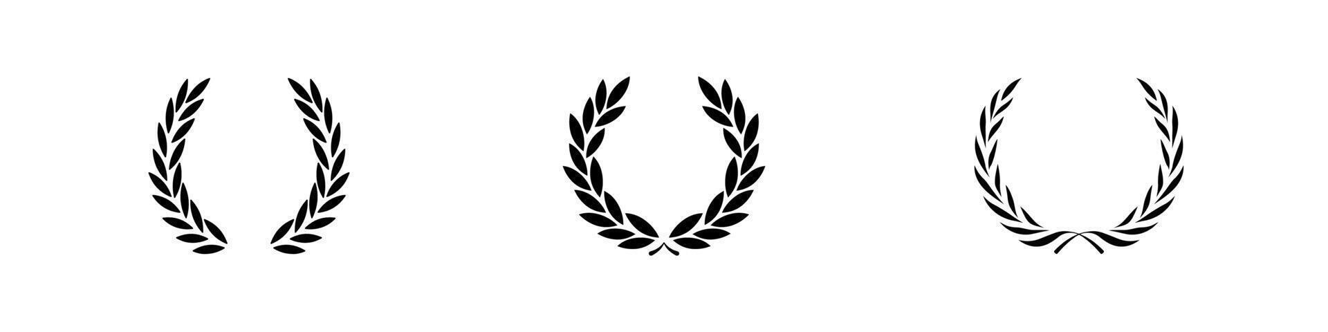 Laurel wreath icon set. Black circular laurel olive branches greek wreath. Vintage laurel wreaths. Winner award of olive leaves, stars of victory symbol, achievement heraldry symbol. illustration. vector