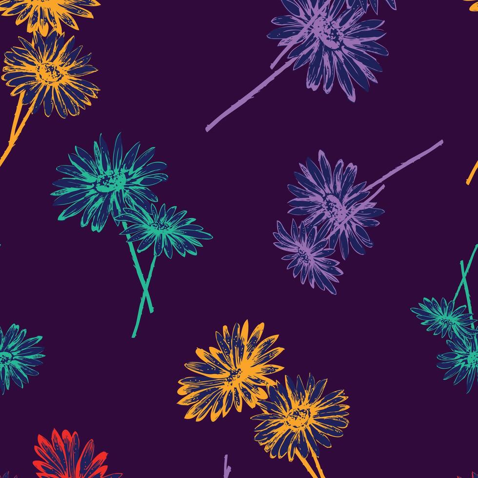 Floral Burst Hand-Drawn Daisy Illustration on Dark Purple vector