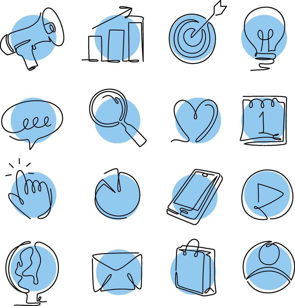 A collection of blue line doodle icons representing marketing tools, ideas, communication, and digital interaction. vector