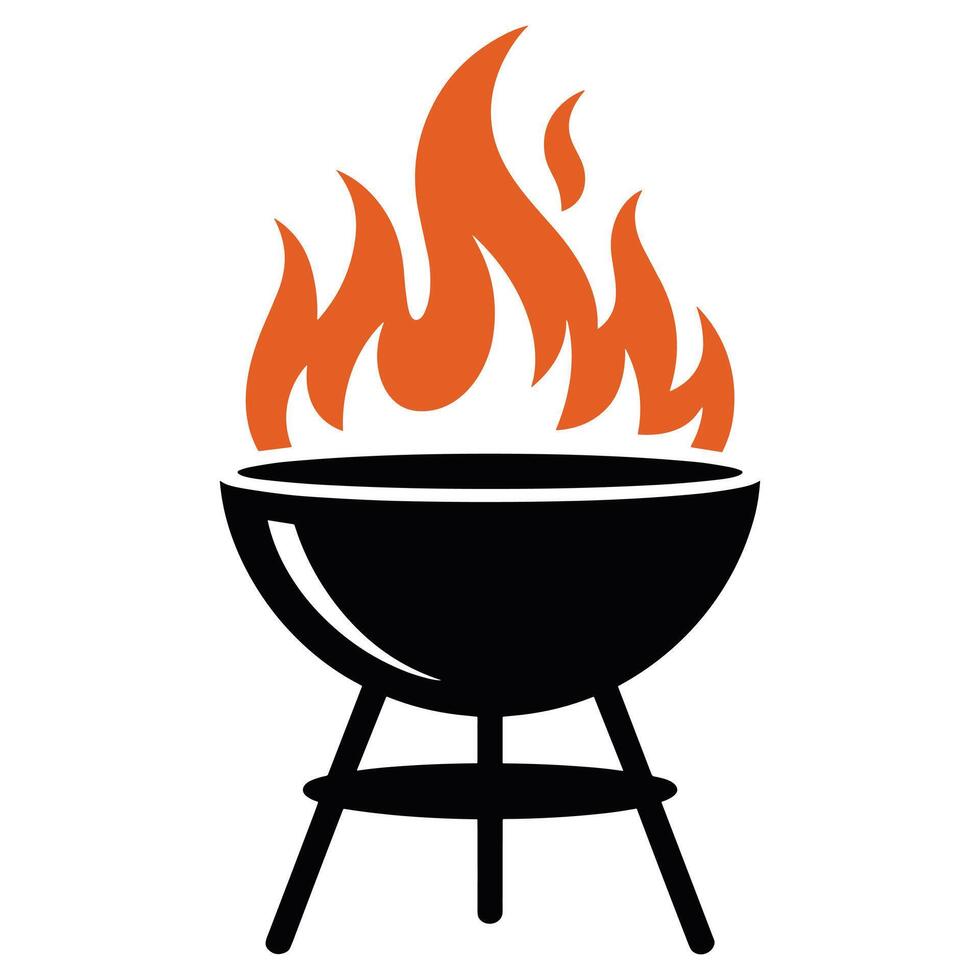 Black barbecue grill with orange flames silhouette vector