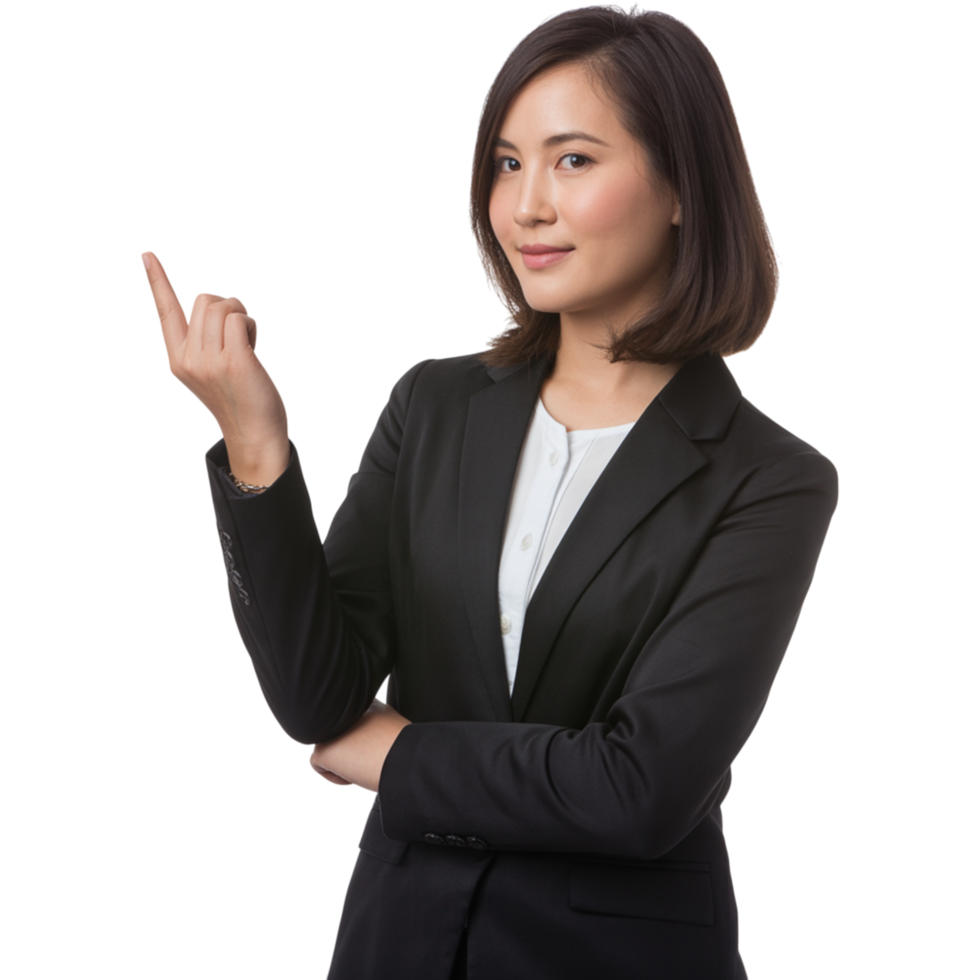 Woman Pointing to Side in Suit png