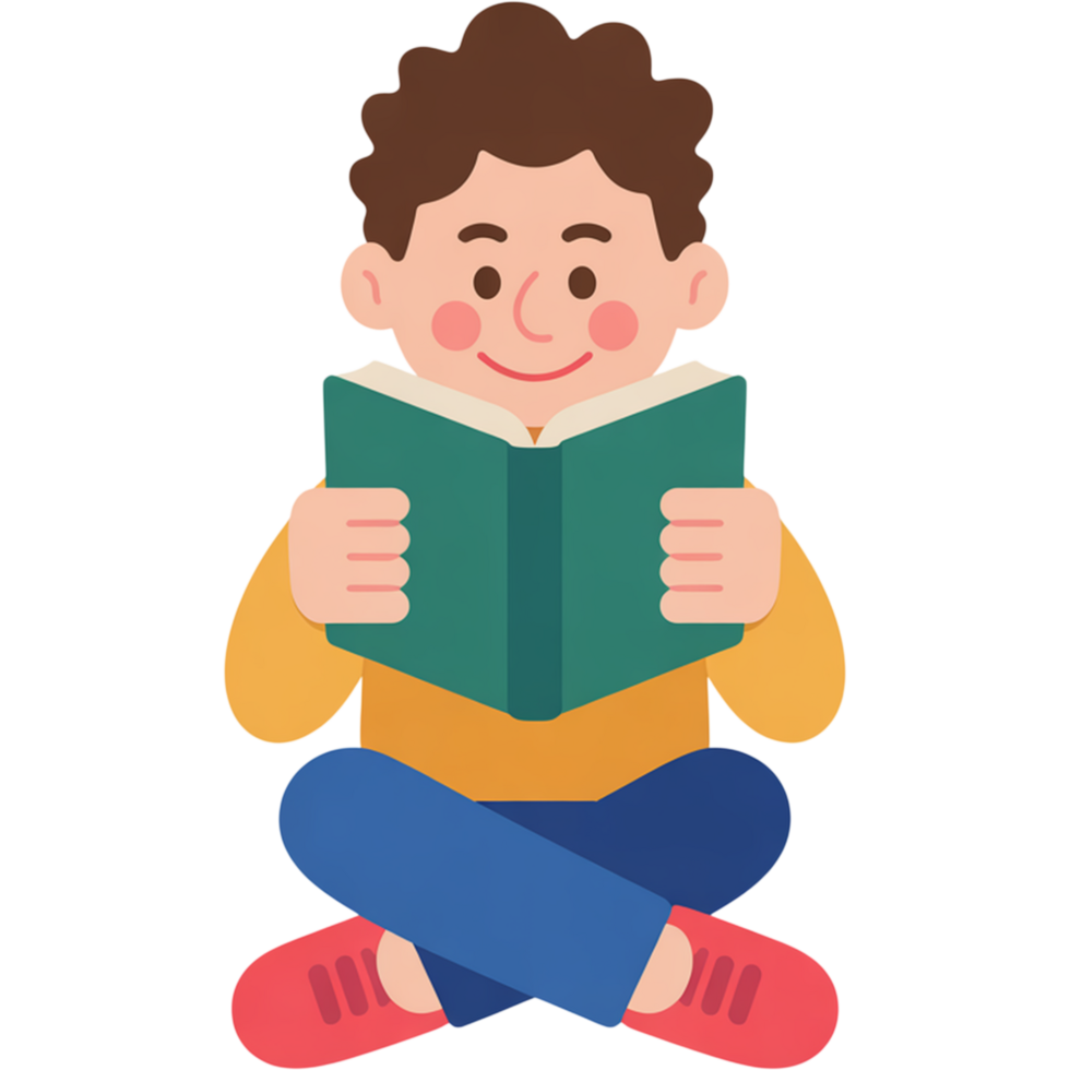 Smiling Boy Sitting Cross-legged Reading Book png