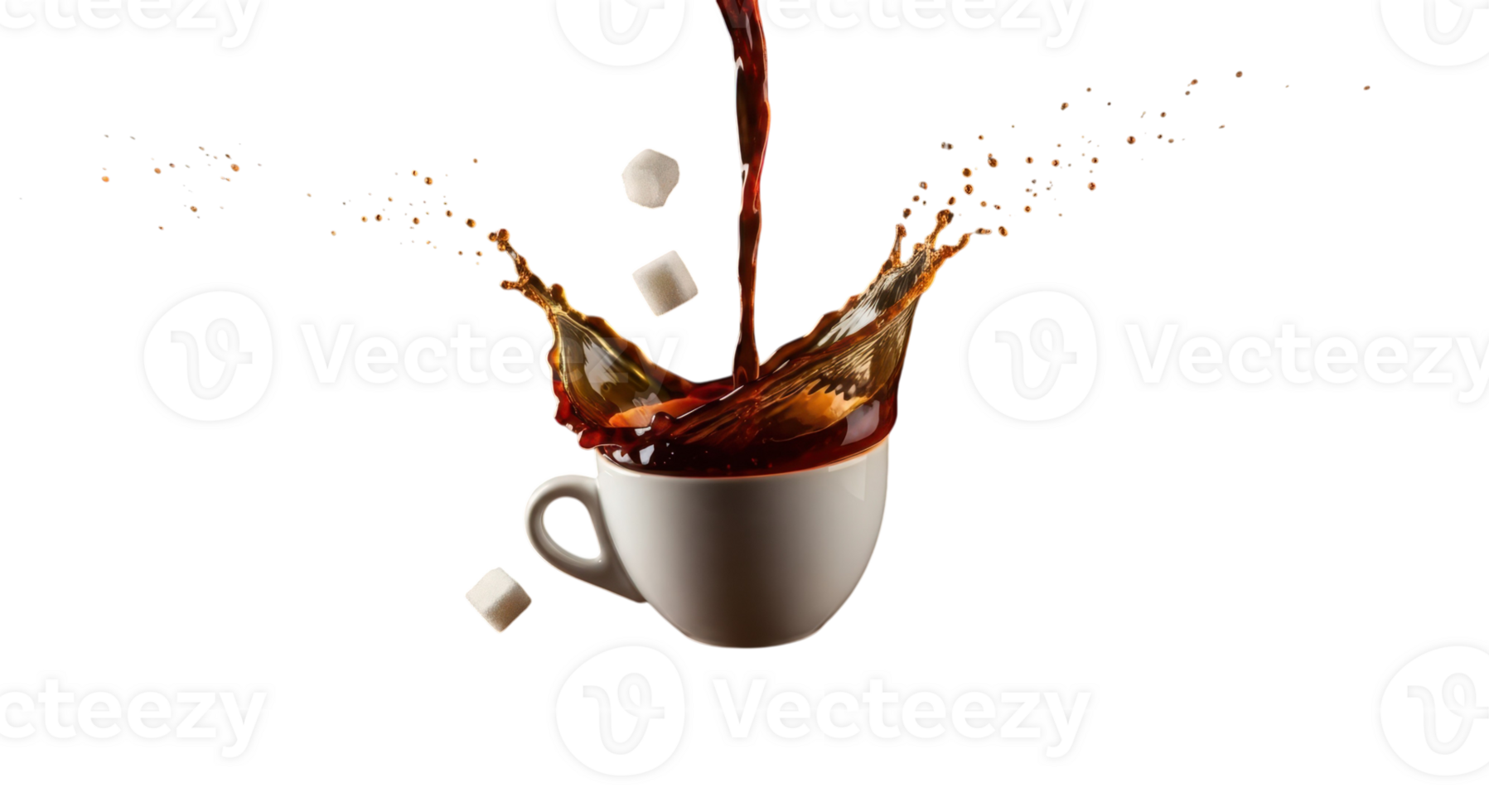 Coffee pouring into a cup with sugar cubes isolated on transparent background png