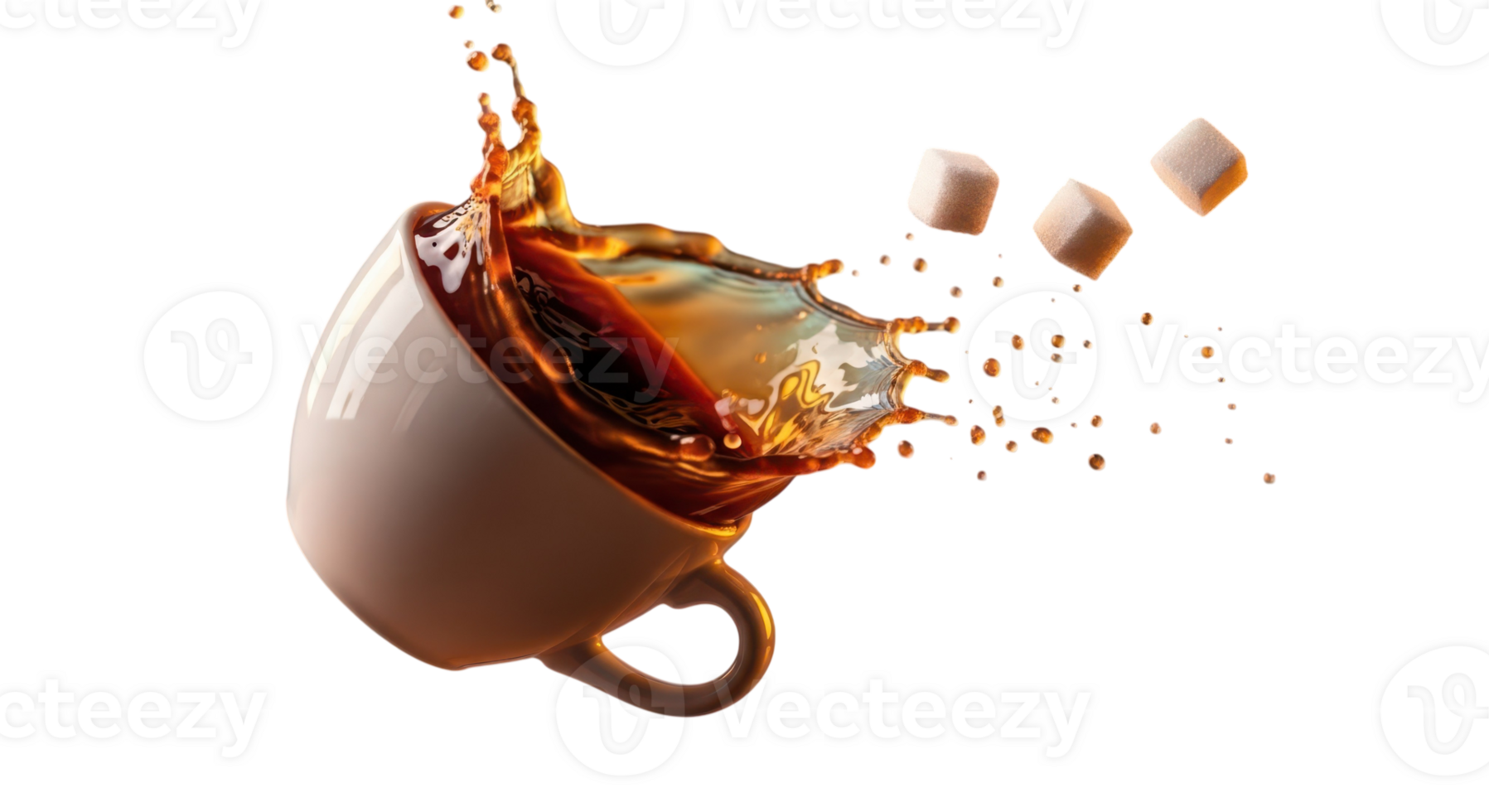 Coffee cup with splash and sugar cubes isolated on transparent background png