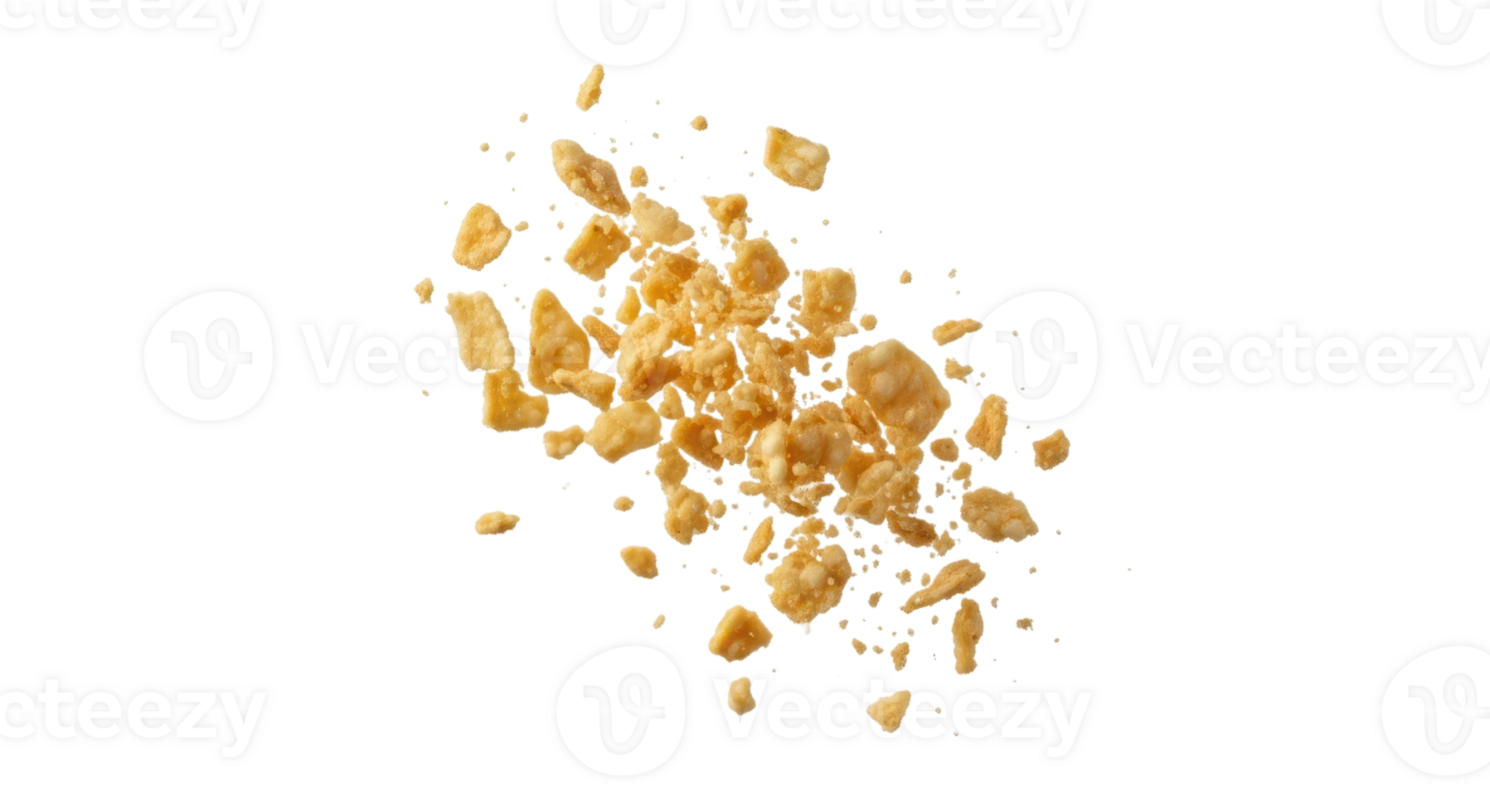 Scattered cracker crumbs isolated on transparent background in studio shot png