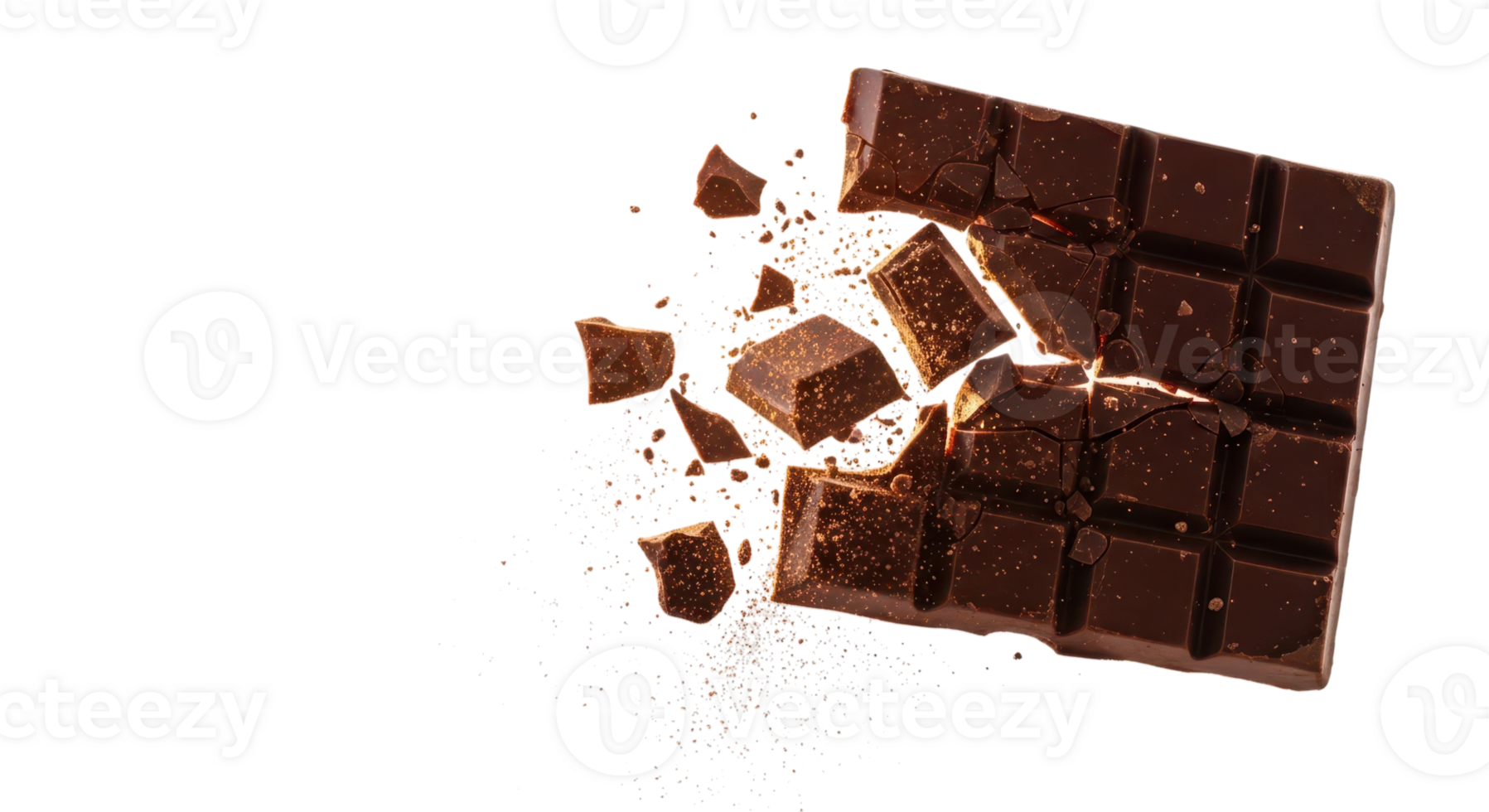 A dark chocolate bar broken into pieces isolated on transparent background png