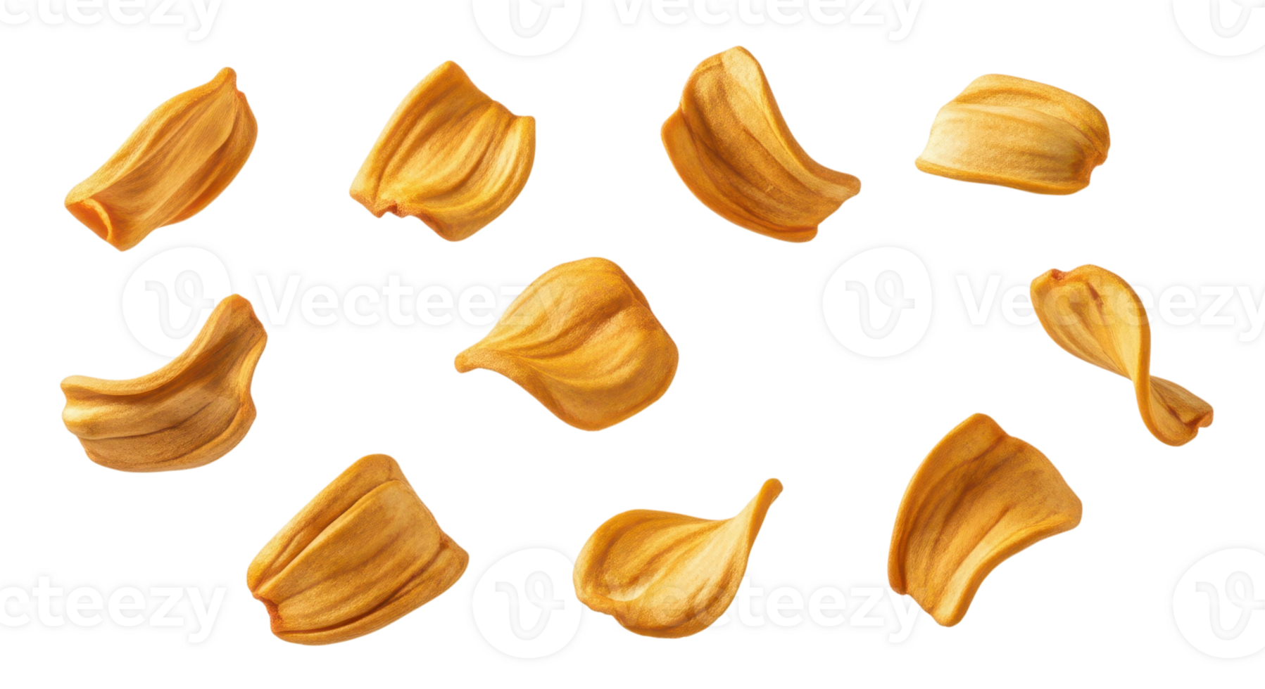 Several garlic cloves are scattered on a transparent background png