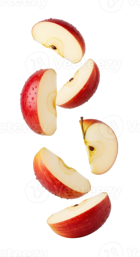Slices of fresh red apples are falling, isolated on transparent background png