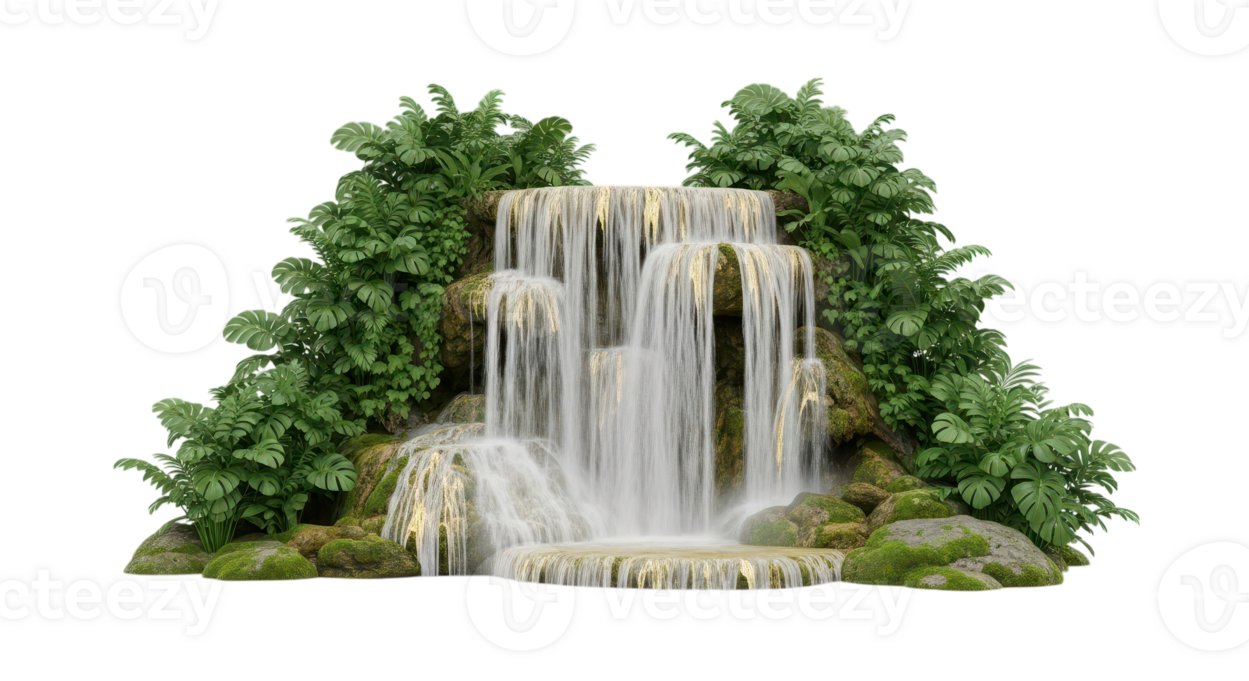 A waterfall cascading down rocks with lush green plants isolated on transparent background png