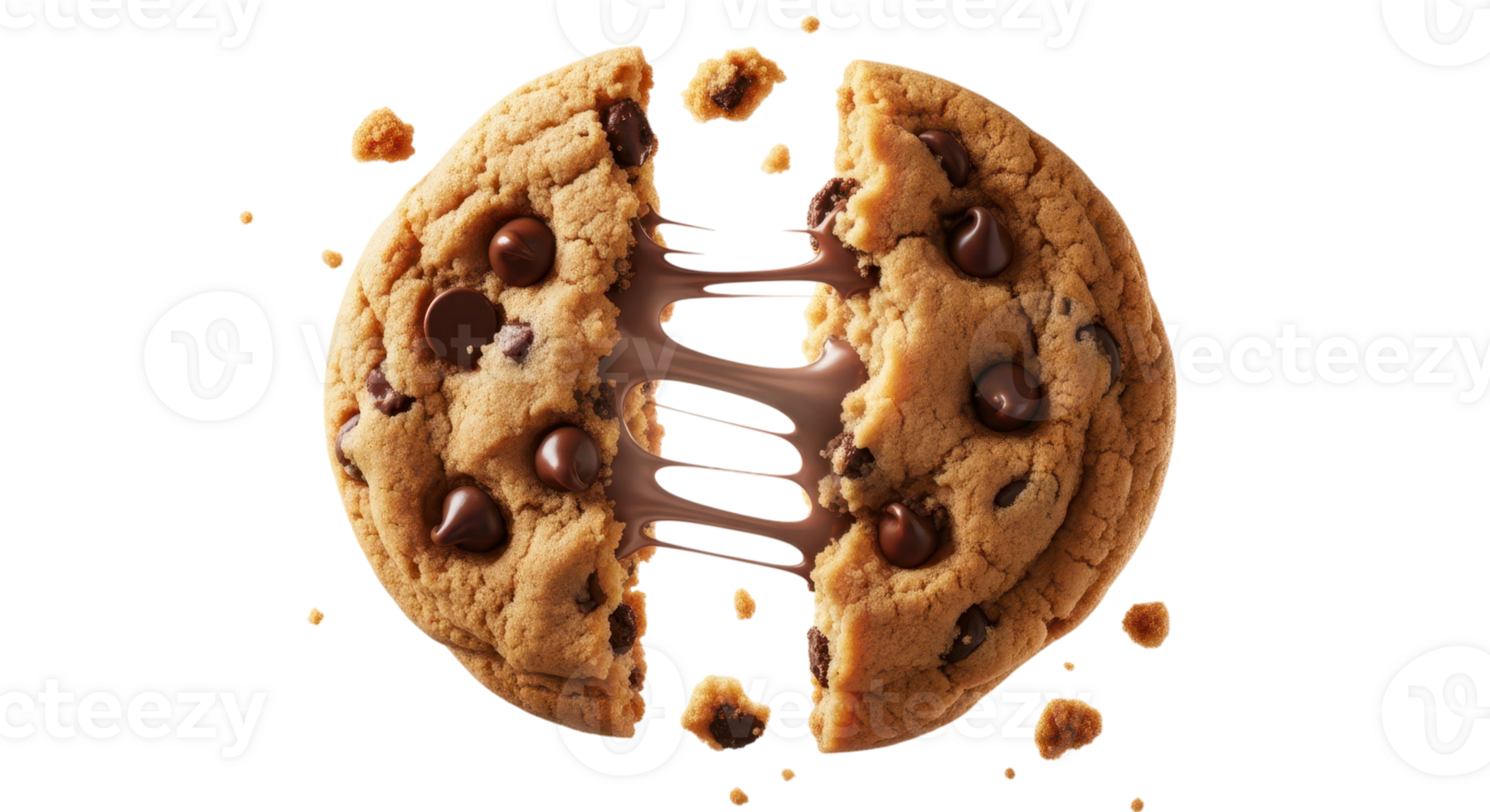 A chocolate chip cookie is broken in half isolated on transparent background png