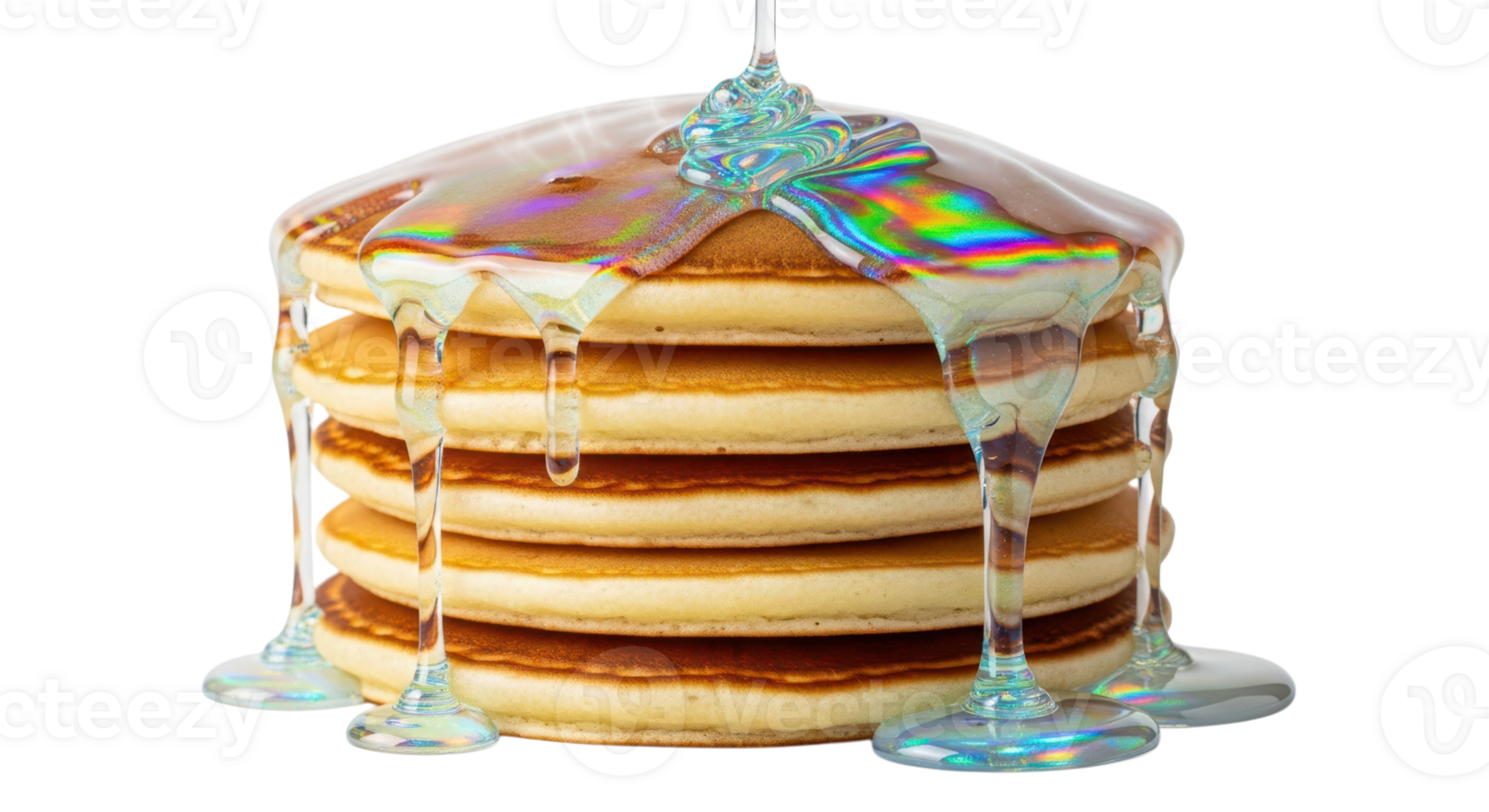 A stack of pancakes with syrup pouring over them isolated on transparent background png