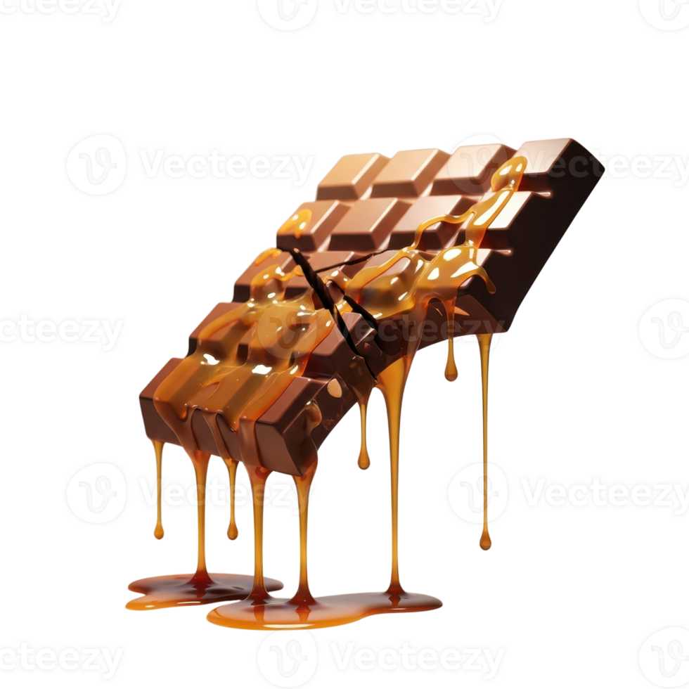 A decadent chocolate bar with caramel dripping down, isolated on transparent background png