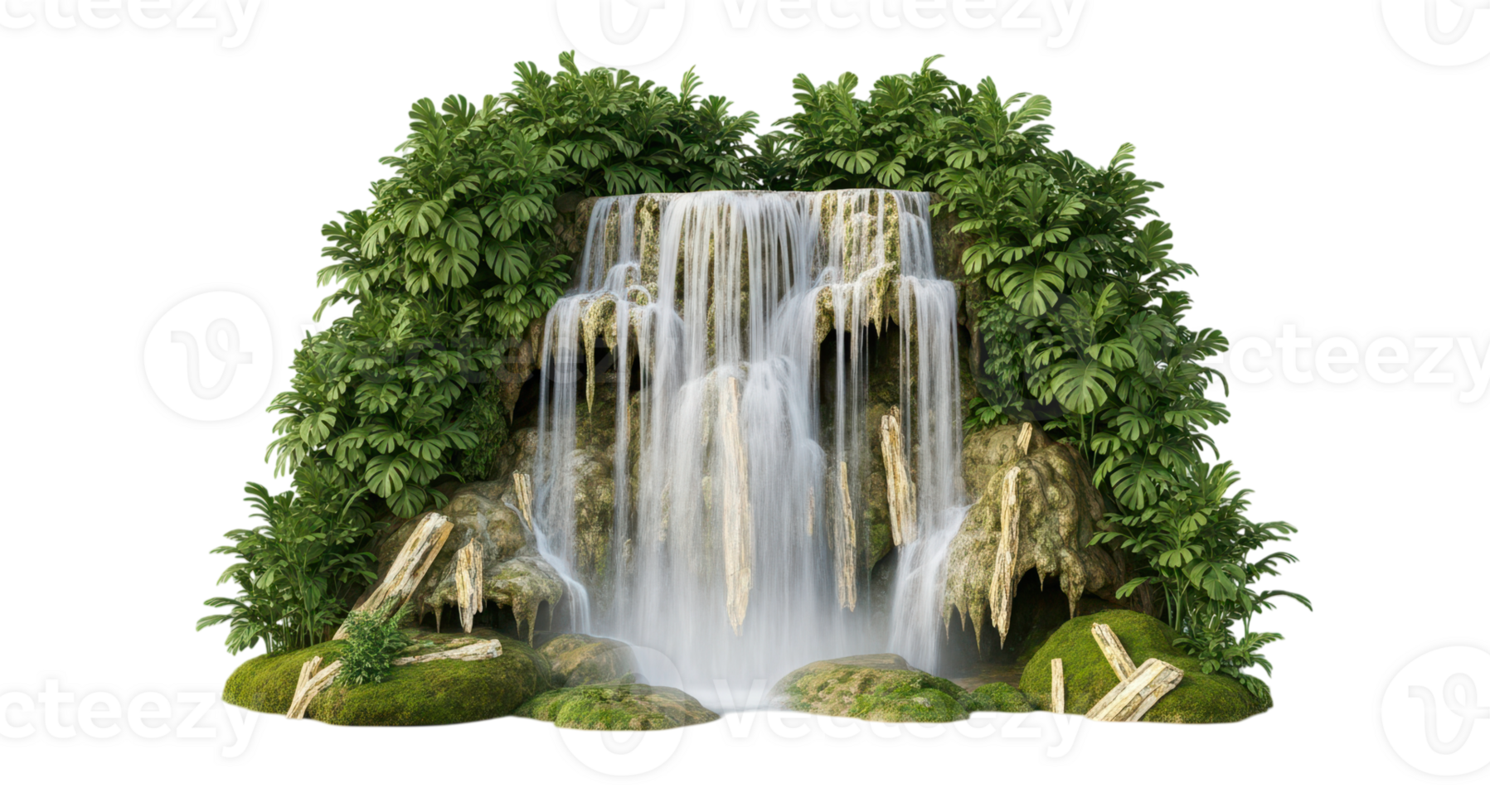 Lush waterfall with green foliage, isolated on transparent background png
