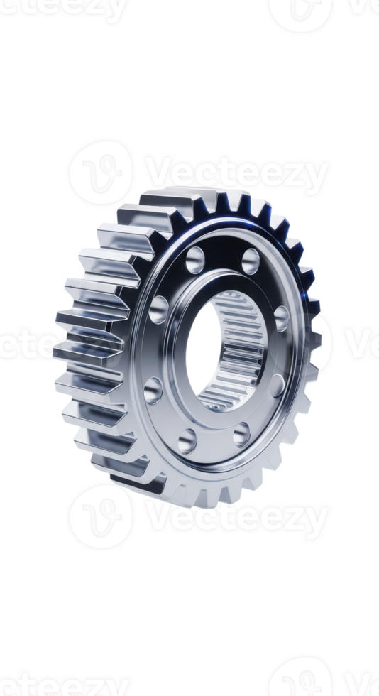 A shiny chrome gear isolated on transparent background for machinery png