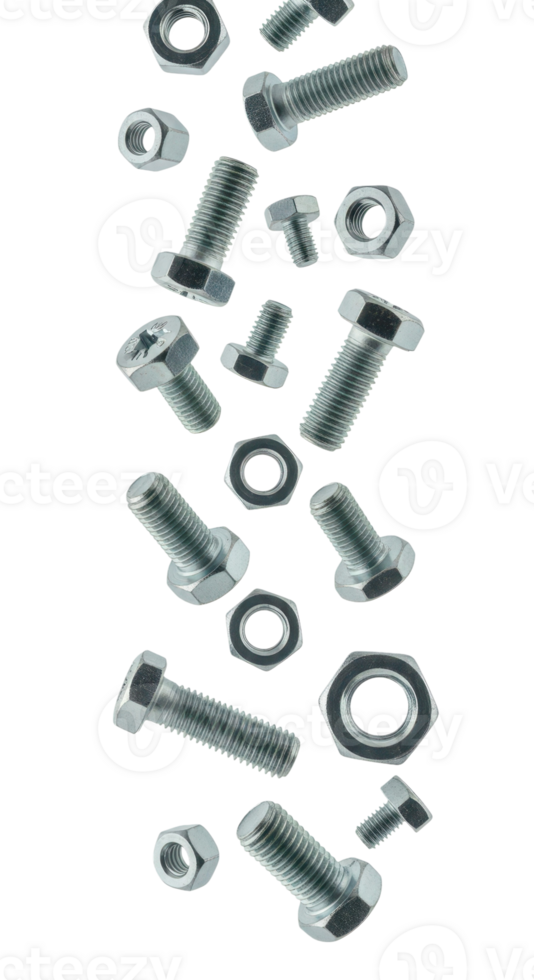 Bolts and nuts falling isolated on transparent background png