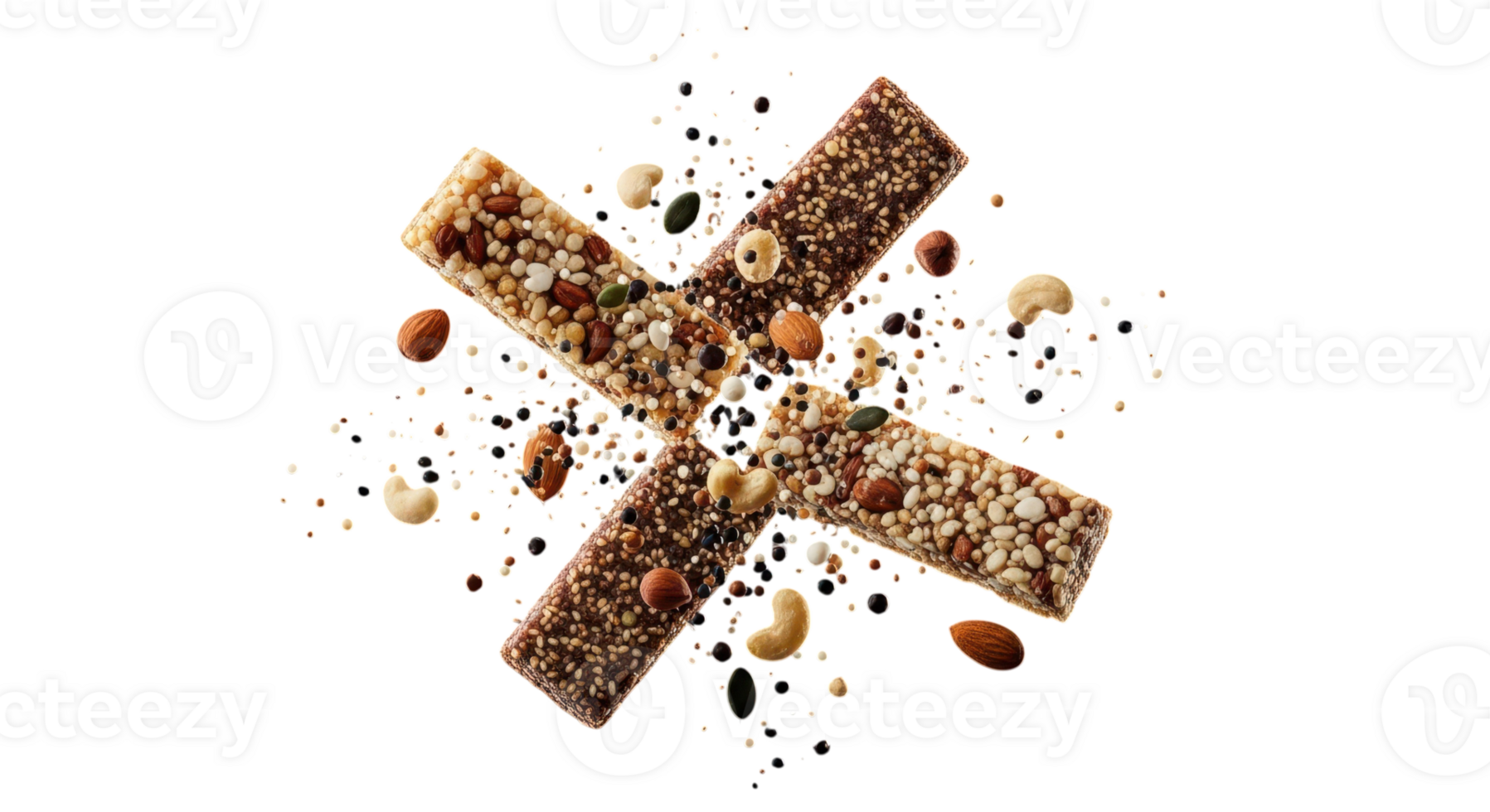 Two granola bars are crossed and isolated on transparent background png
