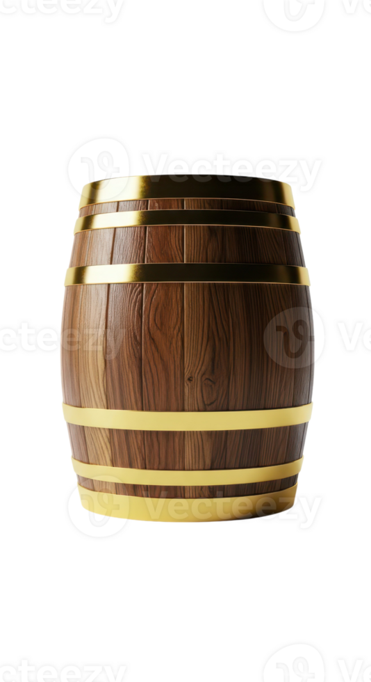 A small wooden barrel with golden hoops isolated on transparent background png