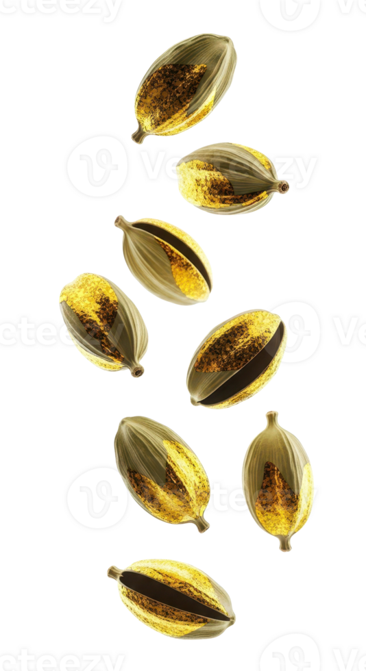 Cardamom pods falling, isolated on transparent background png