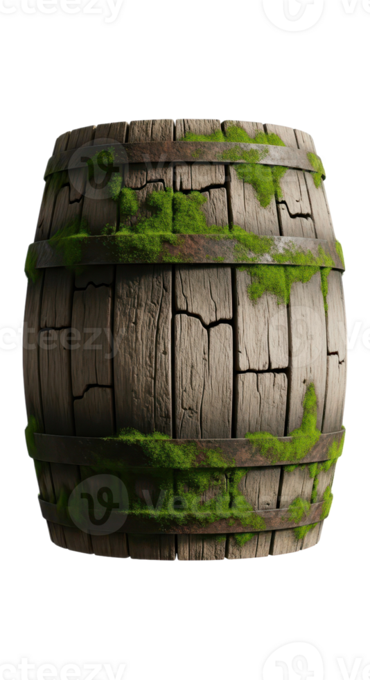 Old wooden barrel with moss isolated on transparent background png