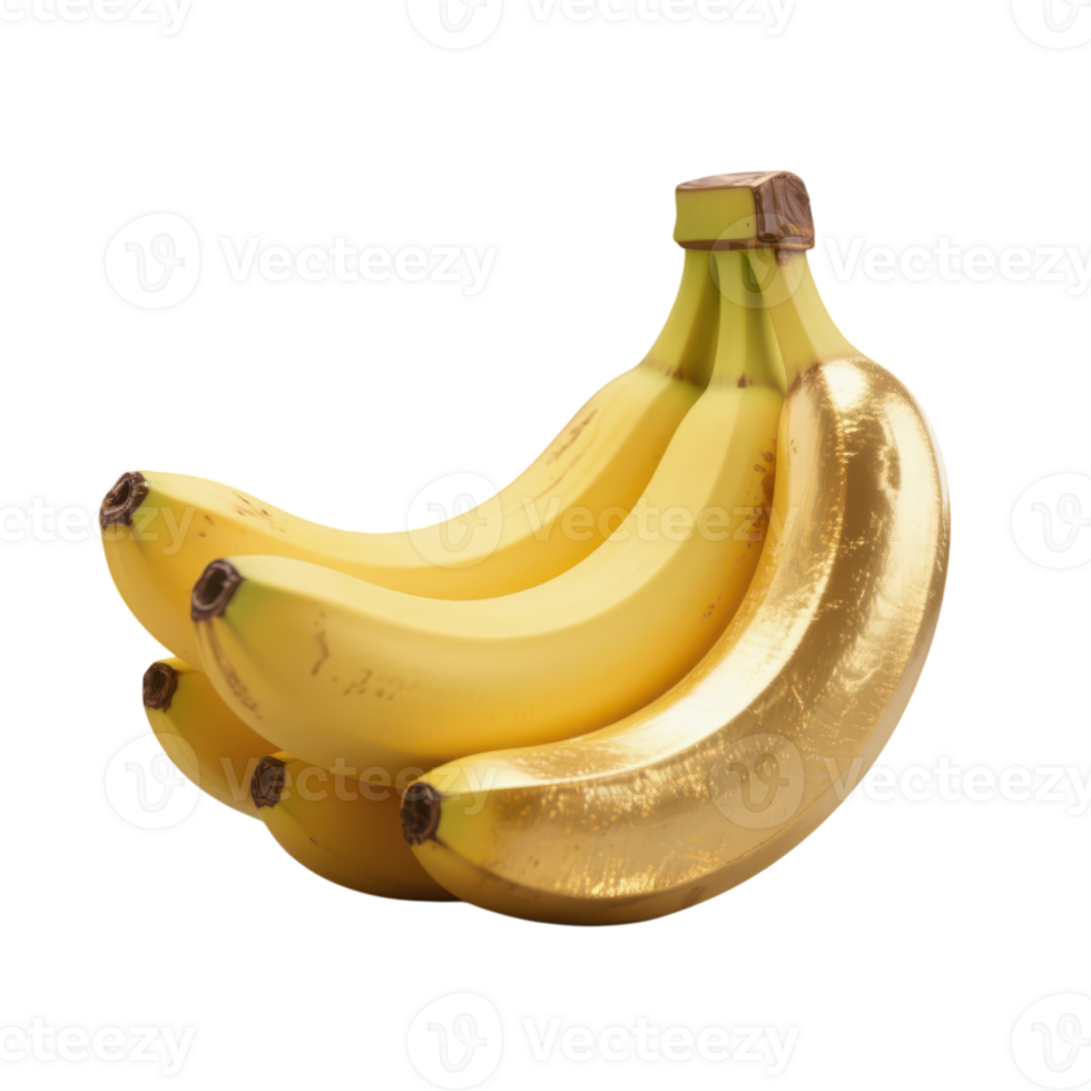 A bunch of bananas with one banana painted gold isolated on transparent background png