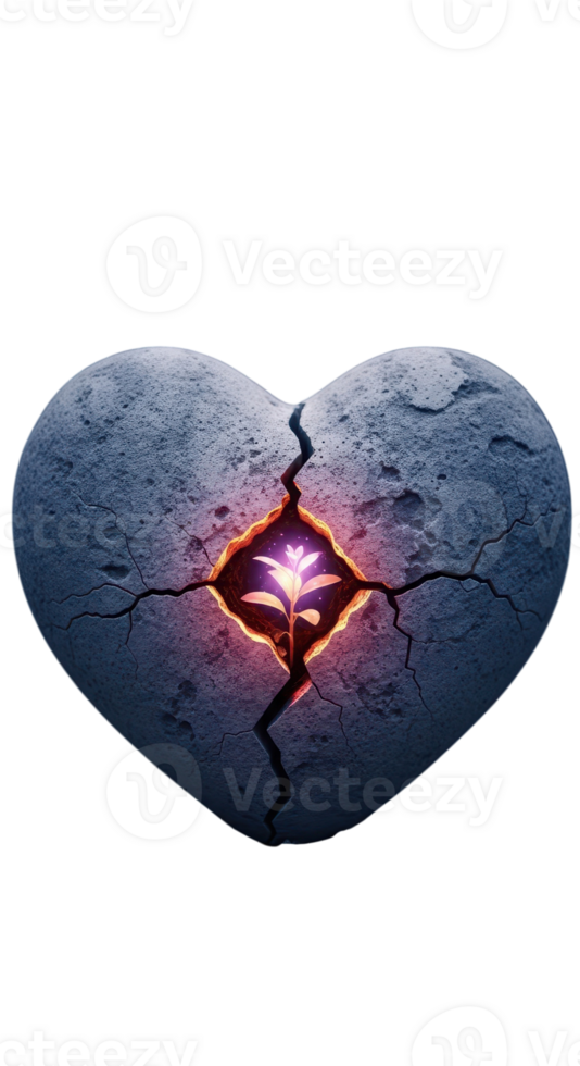A stone heart with plant growing from cracks isolated on transparent background png