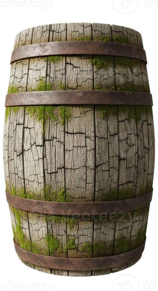 An old wooden barrel with moss isolated on transparent background png