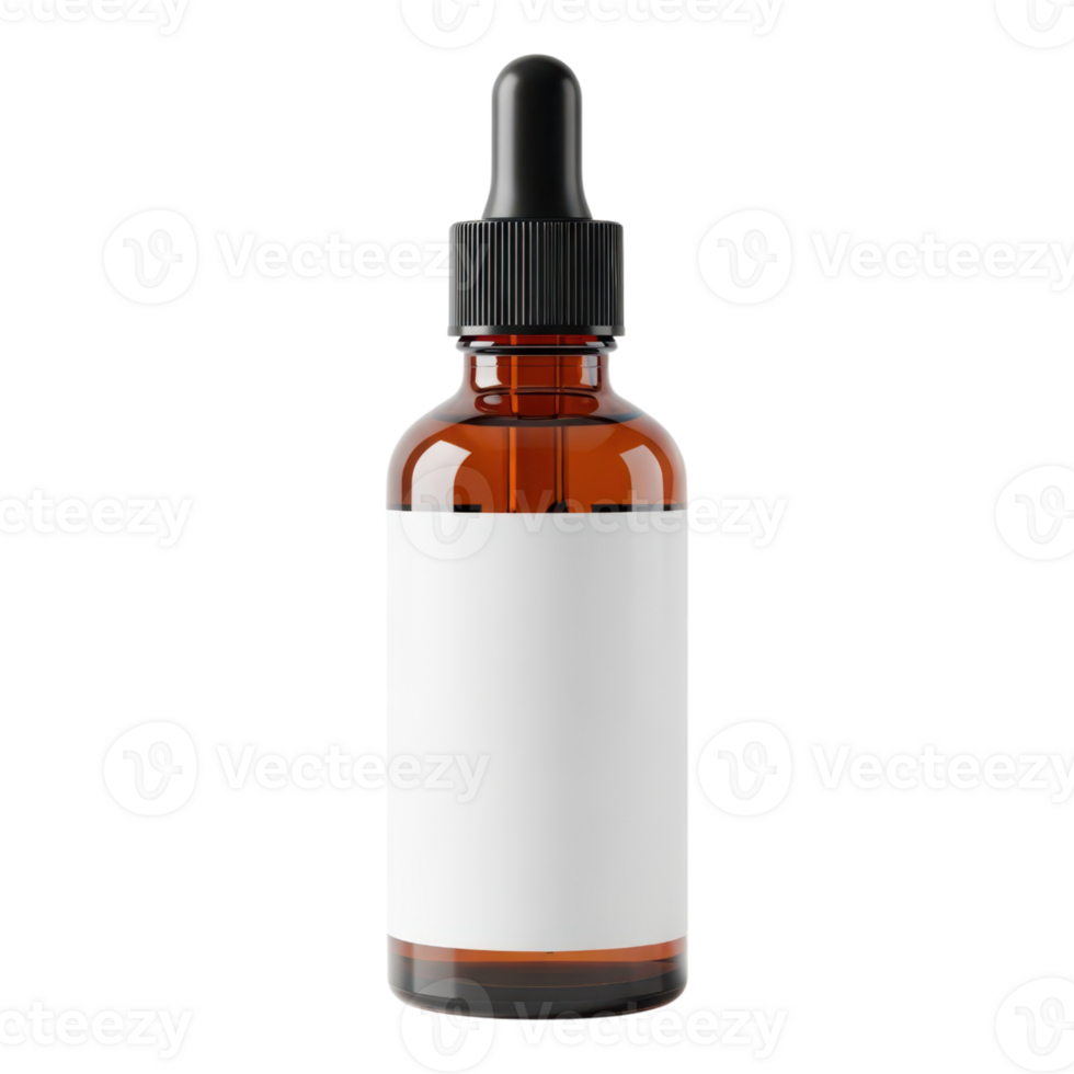 An amber glass dropper bottle with a blank label isolated on transparent background png