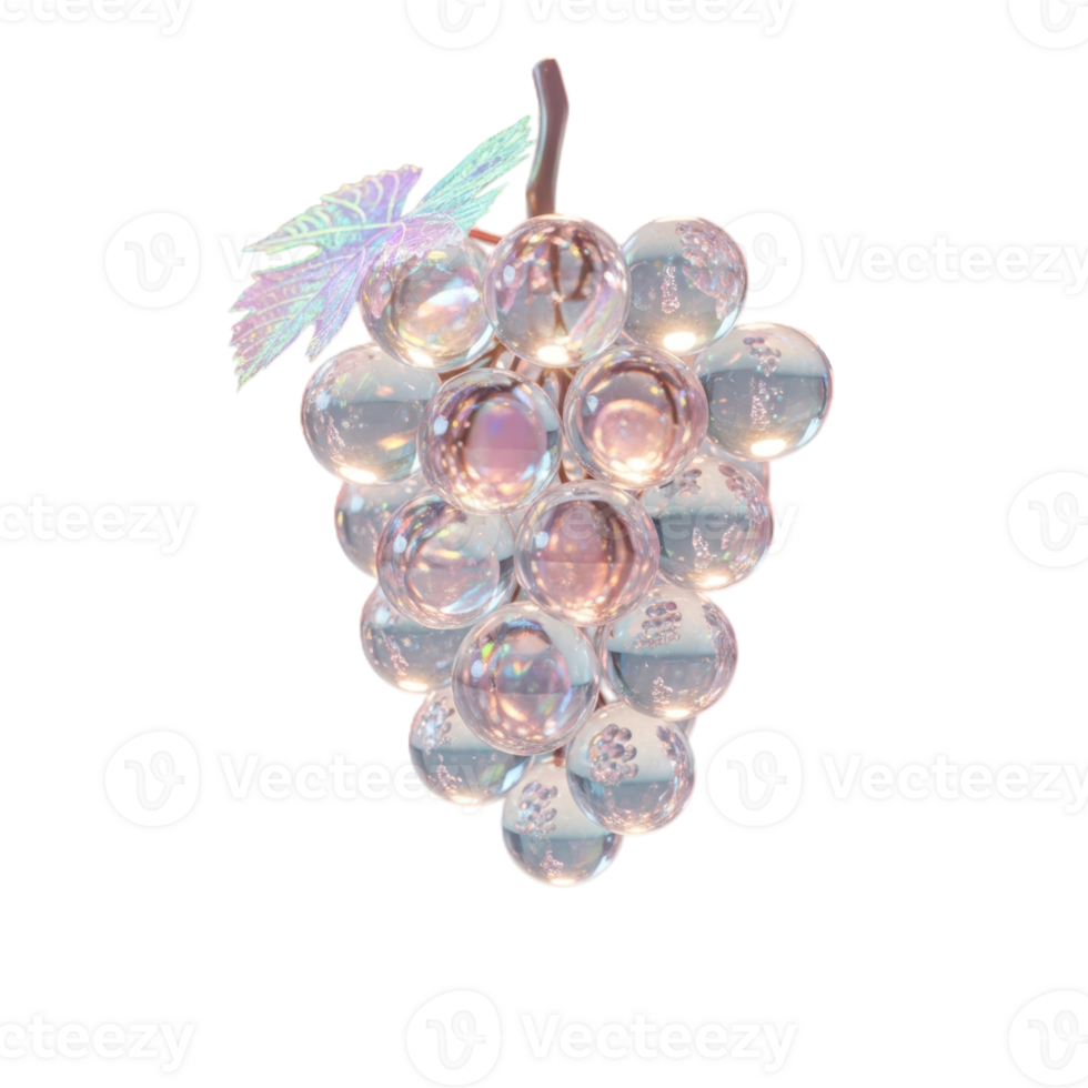 A bunch of clear, iridescent grapes with a shimmering leaf isolated isolated on transparent background png