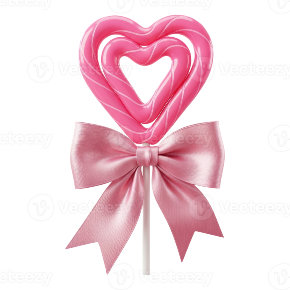 A pink heartshaped lollipop with a satin bow on transparent background png
