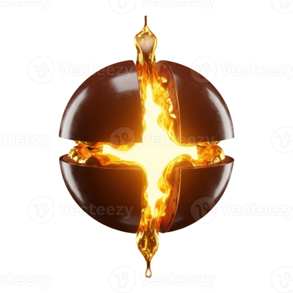 A chocolate sphere bursting with molten gold isolated on transparent background png