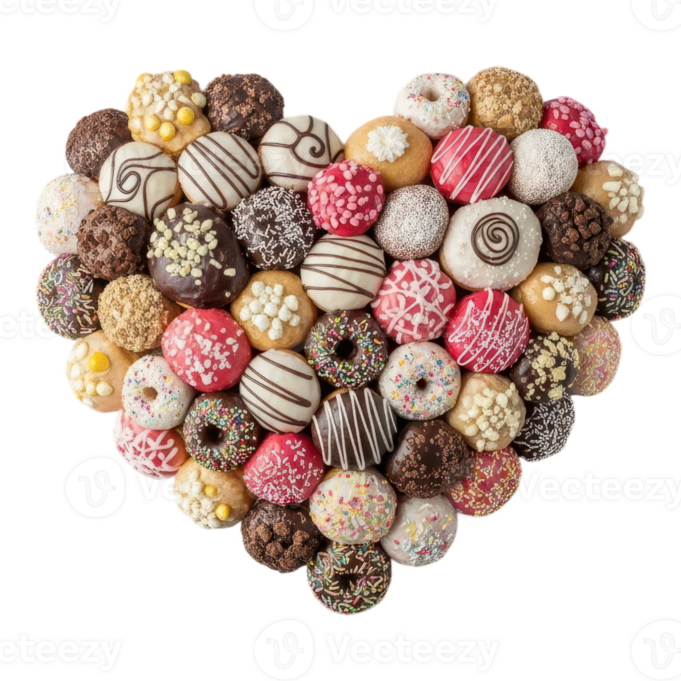 A heart shape made of assorted colorful donuts isolated on white isolated on transparent background png