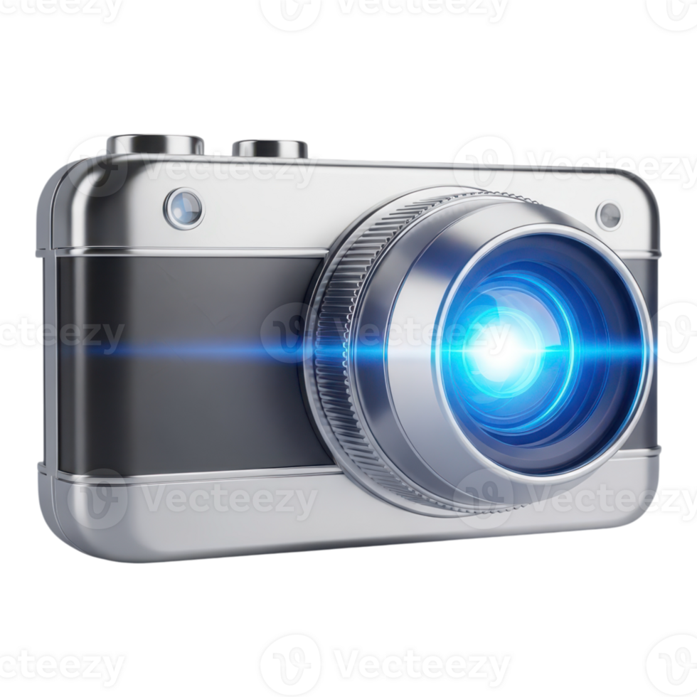 A modern silver digital camera with a blue lens flare isolated on transparent background png