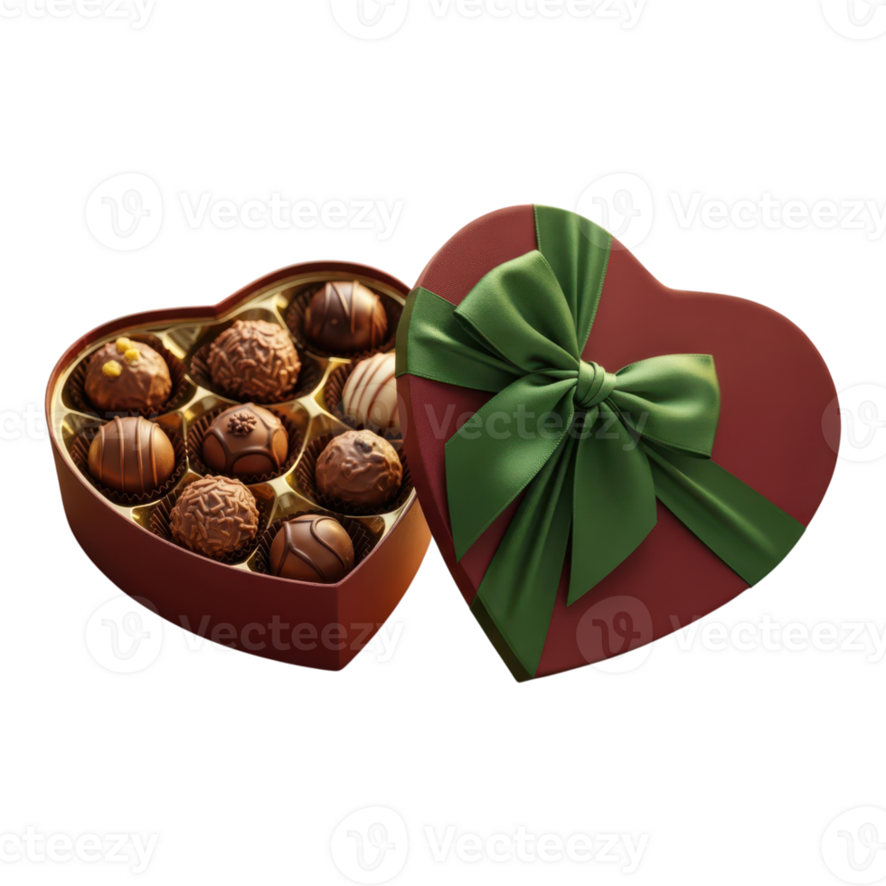 A heartshaped box of assorted chocolates with a green ribbon isolated on transparent background png