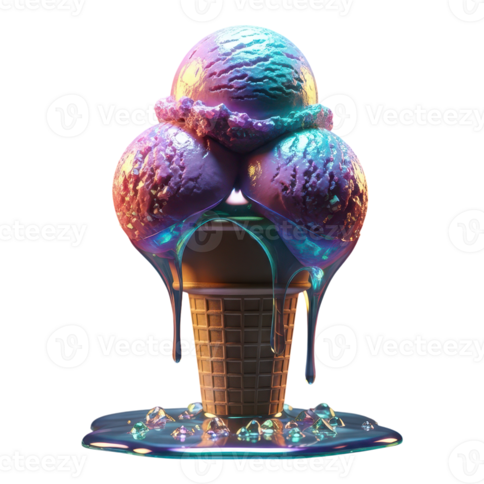 Iridescent ice cream scoops melting in a cone isolated on white isolated on transparent background png