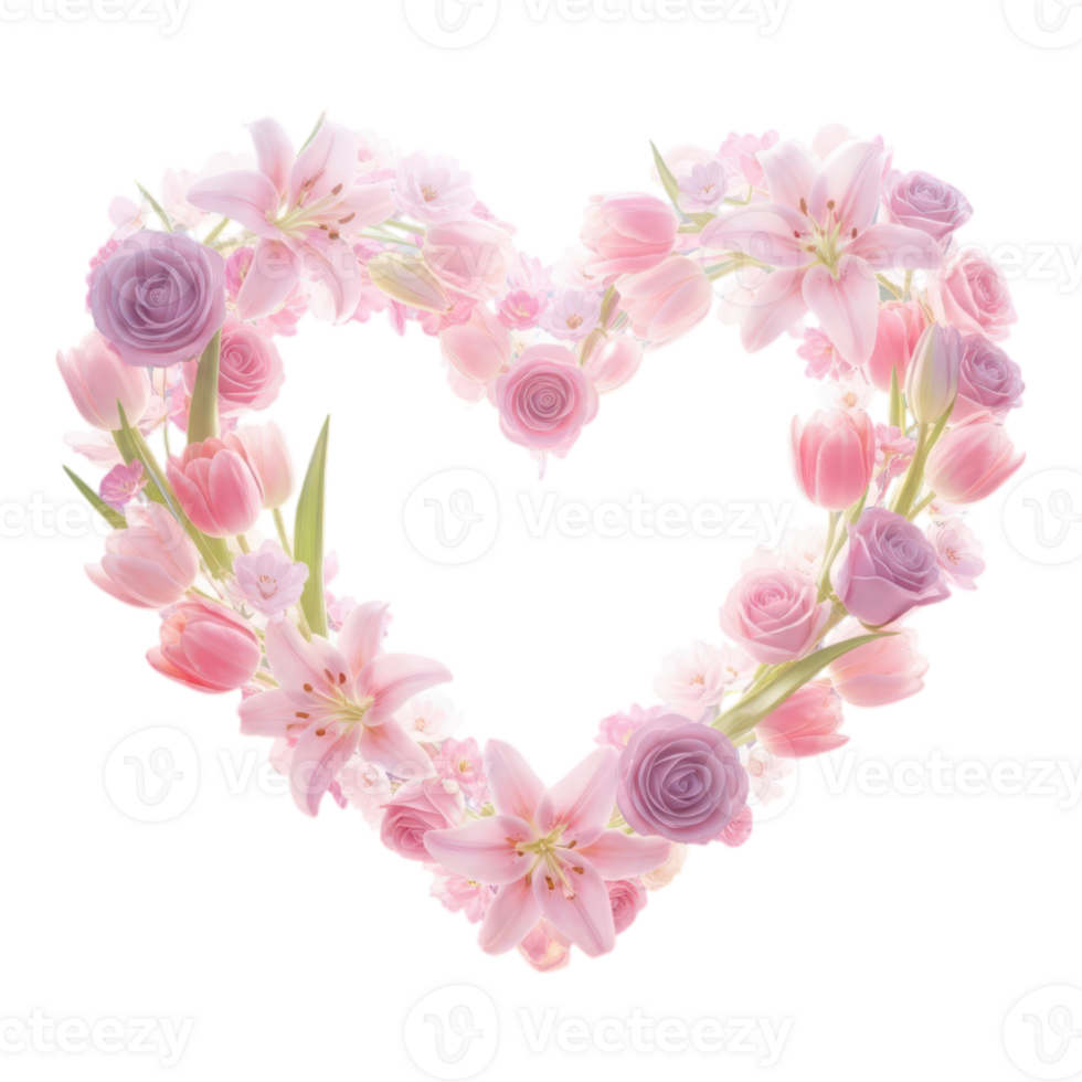 Heart shape floral arrangement with pink and purple flowers isolated on transparent background png