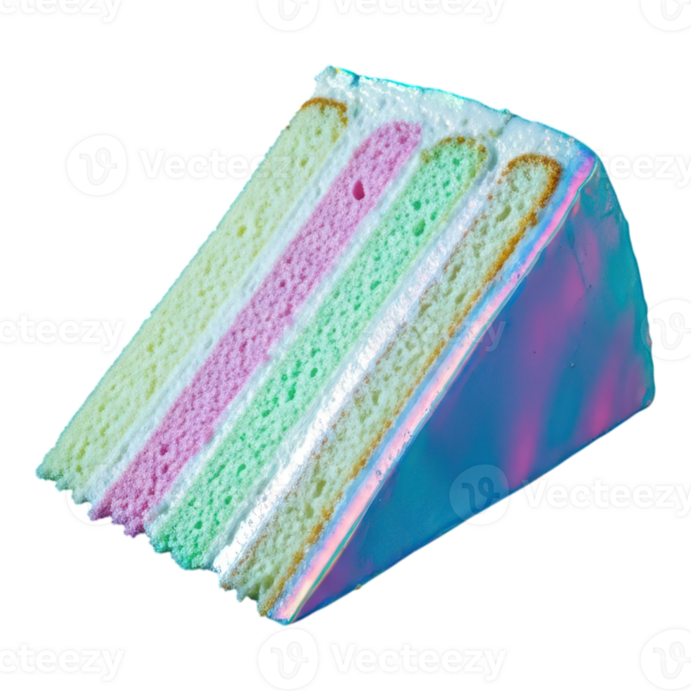 A slice of colorful layered cake with iridescent frosting on transparent background png