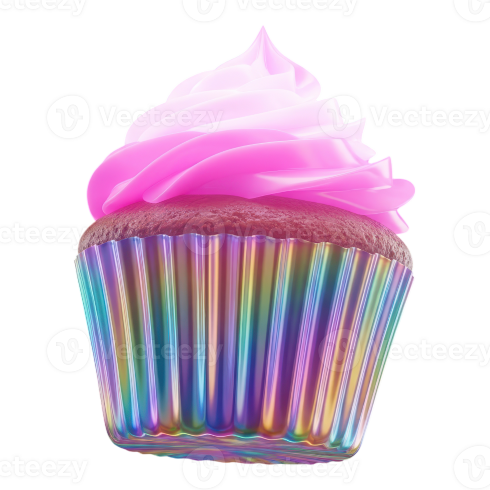 A pink frosted cupcake in a holographic wrapper isolated on white isolated on transparent background png