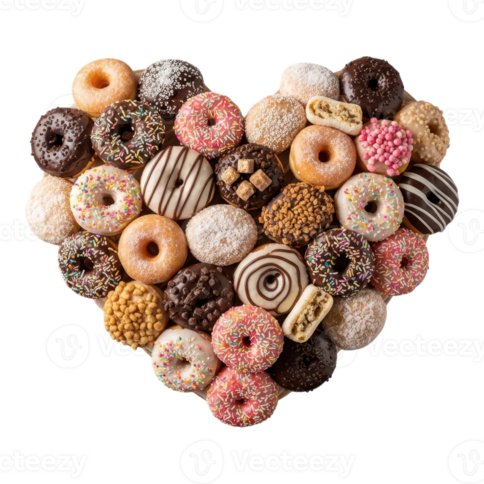 Heart shape made of assorted donuts isolated on transparent background png